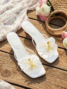 planare 新款女士3D黄色花朵装饰高跟凉鞋，优雅低跟高跟鞋，适合海滩、派对、约会和婚礼季，可搭配比基尼、连衣裙，夏季时尚优雅高跟凉鞋，新娘高跟鞋 - 白色加白黃色花 - 查看 6