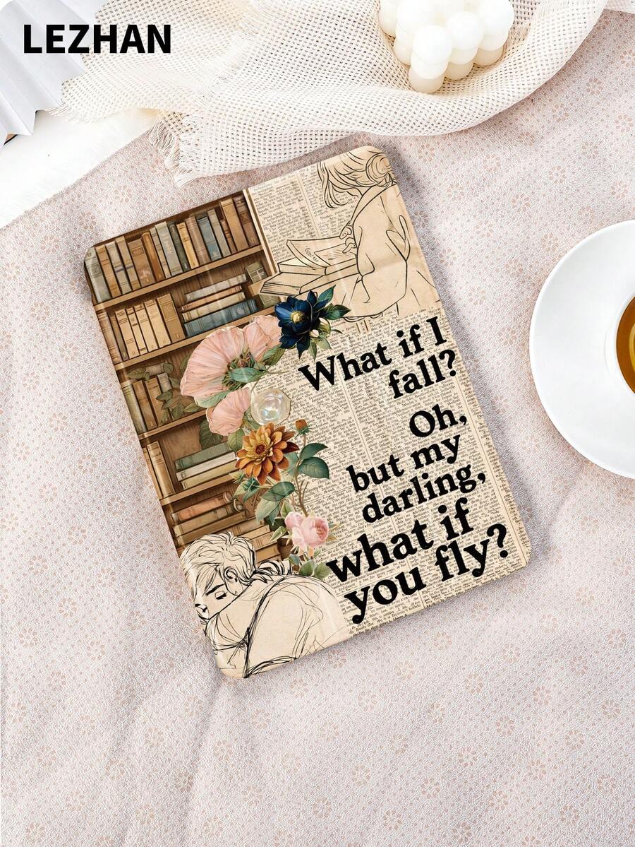 1pc Brown Bookshelf Slogan Pattern Tablet Protective Case With Pencil Slot, Shockproof, Tri-Fold Tablet Stand Protective Shell, Compatible With 10.2", Pro 11" 2021/2020/10th Gen, (A16) 11" 11th Gen 2025, 8th/9th/10th Gen, Galaxy Tab A8 10.5" 2022, Matepad 10.4"/Tab, Support Sleep/Wake, Romantic Personalized Gift - Multicolor - View 1