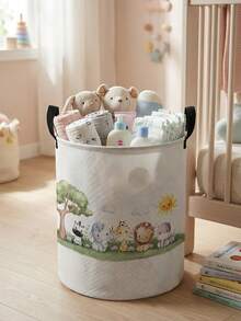 1pc Foldable Round Storage Basket With Handles, Cute Animal Pattern, Large Capacity Multi-Purpose Storage Bin For Nursery, Baby Diaper, Clothes, Toys And Accessories Organization - Multicolor - View 16