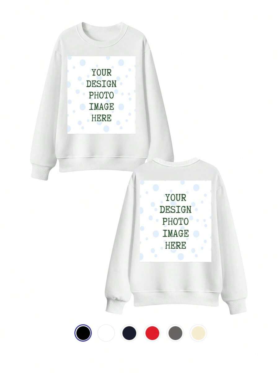 Oversized Custom Sweatshirt For Men Women Unisex | Personalized Double Sided Print, Plus Size Pullover, Add Your Image Photo Design, Solid Crew Neck, Long Sleeve, Soft Comfortable Casual Workout Sportswear - trắng - Xem 1
