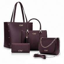 Women's Bag Kit Large Bag + Medium Bag + Shoulder Bag + Wallet - 紫紅色 - 查看 11
