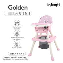 Silla 6 en 1 Golden Infanti para Bebé, Silla Alta, Sillita, Asiento de Entretenimiento, Escritorio con Silla, Mesita de Juego y Canastilla, Arnés de 5 Puntos, Charola Ajustable, Ideal de 6 a 36 Meses hasta 15 kg - Rosa - Ver 2