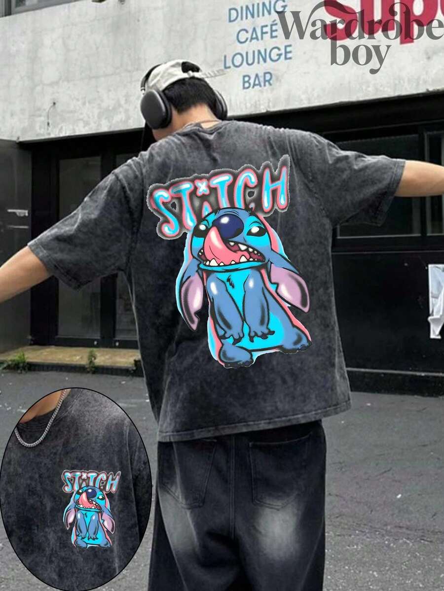 Disney Printed Wash Water T-Shirt,Men's Spray Paint Watercolor Stitch T-Shirt – Lilo & StitchT-Shirt,Unisex,High-Quality Pure Cotton T-Shirt,Suitable For All Seasons, Comfortable And Breathable| Exquisite Design | The Best Choice For Giving Gifts - Black - View 1