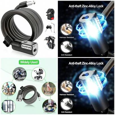 Candado para patinete eléctrico, 120 cm/12 mm, alta , candado con cable con 2 llaves para scooter electrónico/scooter/b