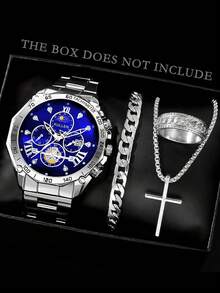 四件套男士时尚商务休闲腕表套装，包含大表盘圆形钢带石英腕表、个性化链式手链、十字架吊坠项链和戒指，适合送礼、各种场合及日常佩戴。 - 銀色 - 查看 6