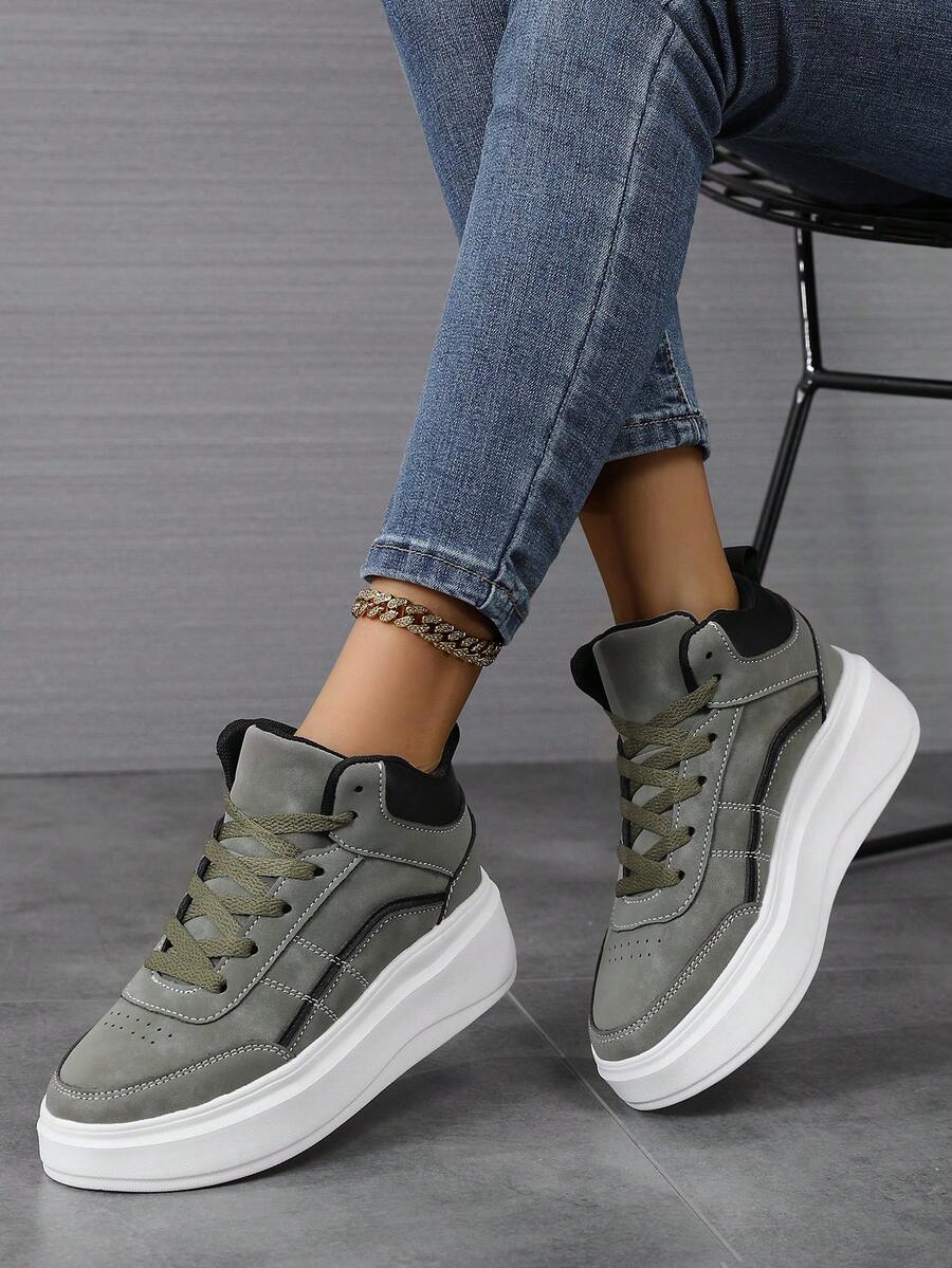Fashion Casual Women's Flat Platform Shoes Classic Stylish Women's Lace-Up Athletic Skateboard Sneakers Women's Casual Thick Sole Sneakers - Military Green - View 1