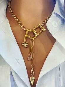 1 pieza Collar de mujer con broche de doble herradura, colgante del zodíaco y colgante de ojo malvado, diseño lujoso y versátil, adecuado para fiestas y vacaciones - Dorado - Ver 2