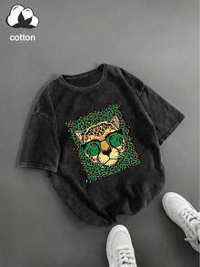 Camiseta casual de manga corta con cuello redondo y estampado de leopardo con gafas de moda para mujer talla grande, primavera/verano vacaciones negro - Negro - Ver 3