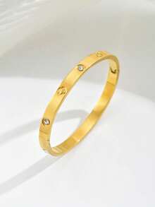 1pc Luxury Rhinestone Clover Element Stainless Steel Bracelet, Fashionable & Exquisite Women Jewelry - Bracelet - View 5