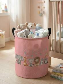 1pc Foldable Round Storage Basket With Handles, Cute Animal Pattern, Large Capacity Multi-Purpose Storage Bin For Nursery, Baby Diaper, Clothes, Toys And Accessories Organization - Multicolor - View 18