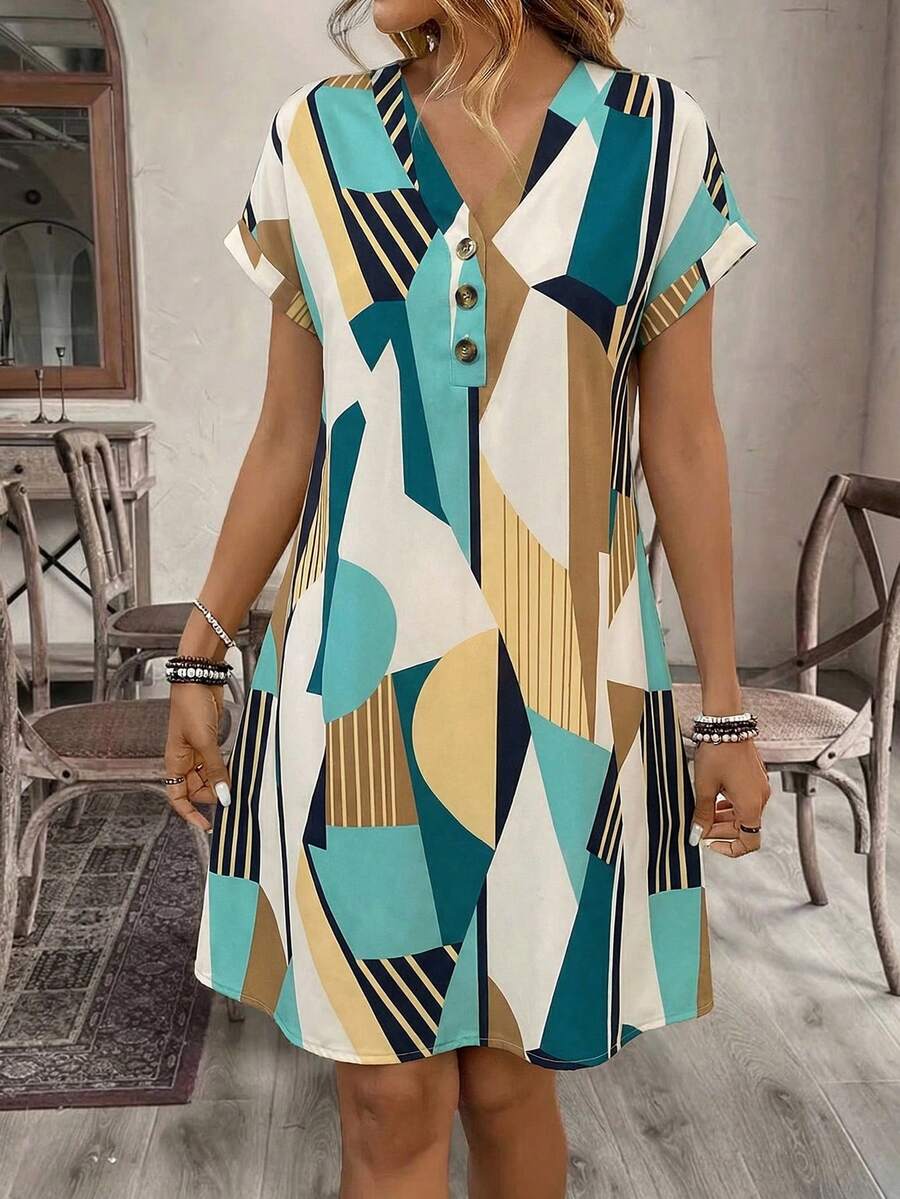 Geometric Color Block Print V-Neck Button One-Piece Sleeve Knee-Length Bodycon Dress Summer Elegant - Multicolor 3 - View 1