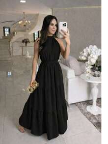 Off-The-Shoulder Dress With Back Tie, 2025 Style. Simple And Elegant. Fabric: Dress. All - Black - View 1