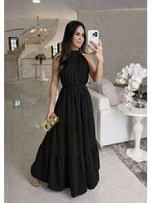 Off-The-Shoulder Dress With Back Tie, 2025 Style. Simple And Elegant. Fabric: Dress. All - Black - View 2