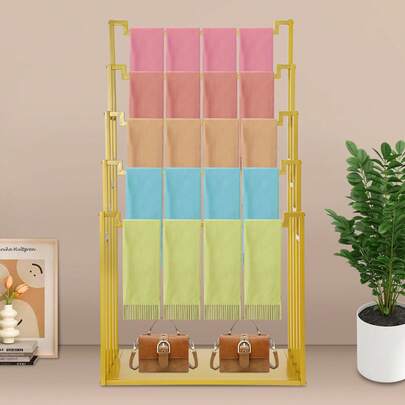 WOBENFOG 5-Tier Scarf Display Stand, Metal Freestanding Scarf Rack, Towel Hijab Pants Belts Ties Hanging Rack Holder Organizer For Clothing Retail Store