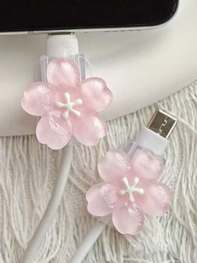 2pcs Pink Sakura Cable Protector, Data Cable Sleeve, Suitable For IOS Apple Charging Cable Only, Cute Floral Charger Protector Cable Organizer, Kawaii Data Cable Protector, Gift For Friends, Valentine's Day Gift, Ramadan Accessories