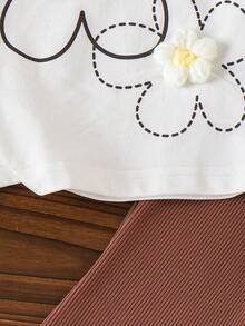 2件套女婴/女童可爱3D立体花朵短袖圆领上衣和喇叭裤套装，夏季 - 白色 - 查看 6