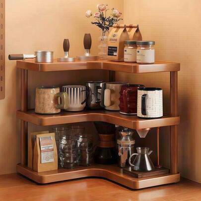 Multi-Tier Wooden Corner Shelf, Office Desk Storage Organizer, Layered Display Rack, Kitchen Spice Rack, Cup Holder For Mugs, Coffee Cups, Tea Sets