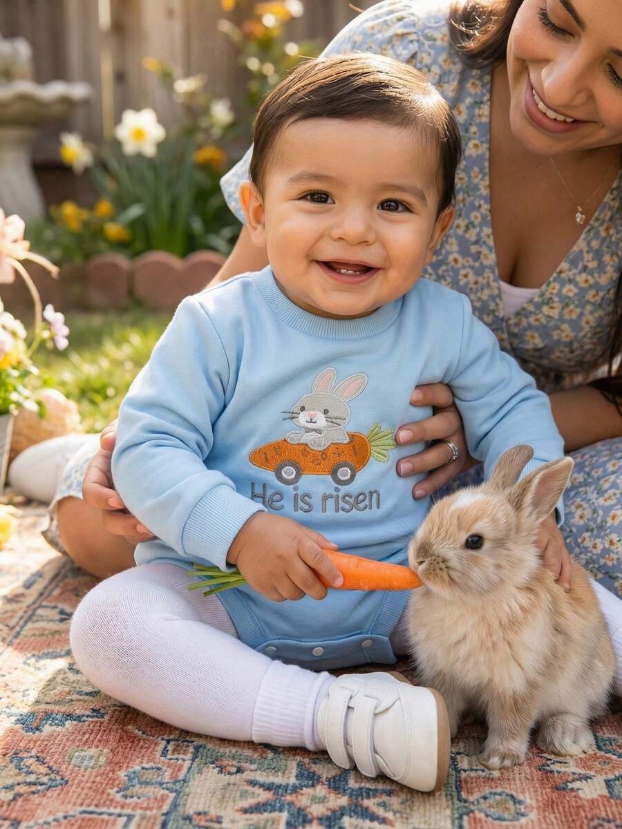 Mono de Pascua para bebé niño con bonito bordado de conejito y manga larga con cuello redondo - Azul celeste - Ver 1