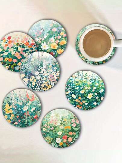 6-Piece 10x10cm Spring Garden Art Wooden Coaster Set Vibrant Floral Pattern Coasters Perfect For Patio, Kitchen, And Living Room Decor - Ideal Gift For Friends And Family - Outdoor Table Accessories - Lively Coaster Set