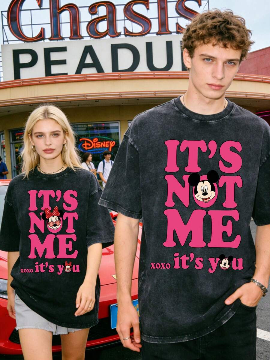 Disney Mickey And Minnie It's Not Me It's You Couple Vintage Washed T-Shirts 180g Washed Cotton Mickey And Minnie Flower Bouquet Loose Short-Sleeved Couple's Outfit - màu đen - Xem 1