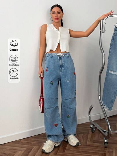 Blugi lungi cu picior larg pentru femei, din denim, cu broderie și șnur, casual, non-stretch, buzunare