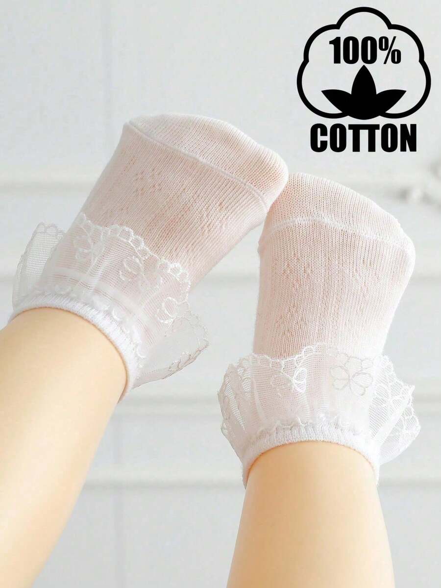 1 Pair Soft & Comfortable 100% Cotton Lace Trim Princess Style Girls Socks - White - View 1
