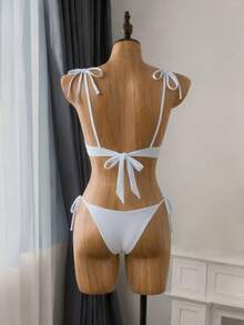 Bộ bikini dây mảnh màu trắng thắt nút ngọc trai dành cho nữ, thích hợp cho kỳ nghỉ biển, tiệc tùng và hẹn hò, mùa xuân/hè. - trắng - Xem 3