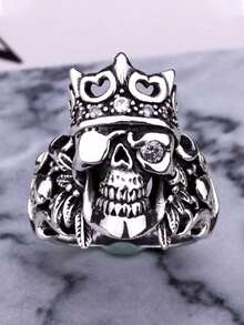 1枚时尚男士朋克复古嘻哈个性化骷髅心形加勒比海盗戒指，婚礼订婚派对珠宝礼物 - 銀色 - 查看 6