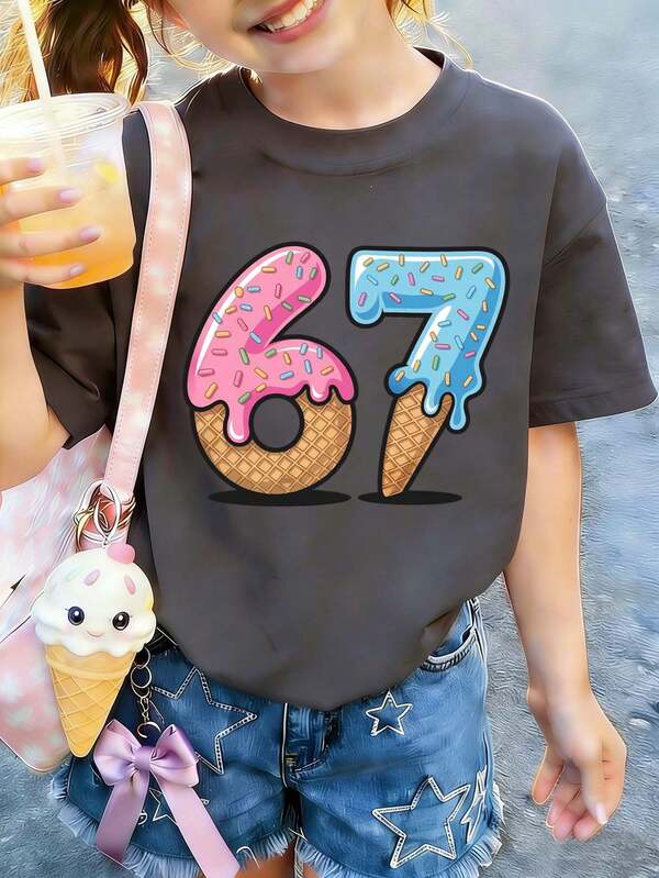 Teen Girl Ice Cream Graphic Printed T-Shirt, Suitable For Girls Outdoor Sports, Casual Daily Wear, Street Style, Campus Style, Fashionable Girls Spring/Summer Versatile Top