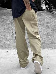 Men's Beige Cargo Pants With Drawstring Waist And Slight Stretch, Unisex Long, Loose-Fitting, Casual Streetwear/Skate Pants. - 米色 - 查看 6