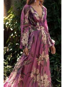 Vintage, Sophisticated, Chic, Tailored, Comfy, French, Feminine. Spring. Work, Street.  Maxi Dress For Women, Boho Chic Style - Màu tím - Xem 3