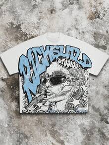 Cotton T-Shirt Y2K With Blue Graffiti Portrait Printed Design, American Style. 100% Cotton Streetwear Short-Sleeved Shirt, Suitable For Men's Summer Round-Neck Short-Sleeved Shirts. - 白色 - 查看 2
