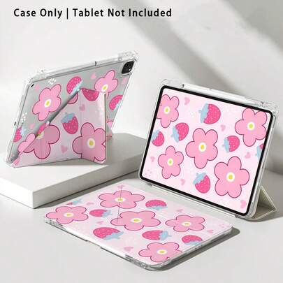 1pc Pink Flower & Strawberry Acrylic Crystal Tablet Protective Case With Stand, Suitable For Samsung, Honor, Apple And Other Brands, Foldable Anti-Bend, Silicone Reinforced Corners, Auto Wake/Sleep, Built-In Pen Slot, Multi-Angle Foldable Stand - Perfect Daily Protection, Great Gift For Holidays