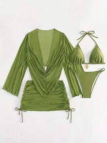4pcs Sexy Solid Color Bikini Set With Sheer Cover-Up, Suitable For Vacation, Beach Party, Also Ideal For New Year And Valentine's Day, Exuding Elegance And Avant-Garde, Perfect Choice For Casual Women In Spring/Summer - 卡其色 - 查看 11