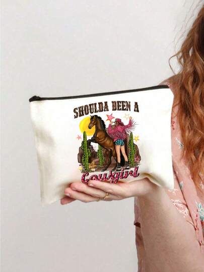 1pc Portable Cowgirl Bucking Horse Pattern And "Shoulda Been A Cowgirl"Cosmetic Bag,Vintage Cowgirl Large Makeup Bag,Simple Makeup Storage Bag With Zipper,Cowgirl Life Makeup Bag,Holiday Cosmetics,Party Accessories Organizer, Stationery Supplies Bag, Multi Toiletry Wash Bag, Holiday Cosmetics & Party Accessories Organizer,Suitable For Women's Cosmetics Storage,Travel Essential,Valentine's Day Gifts