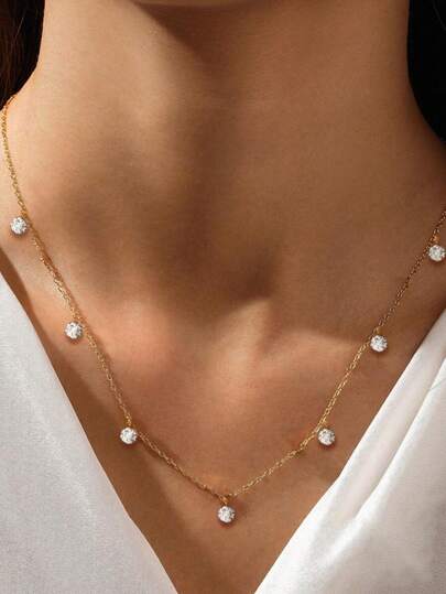 1pc S925 Sterling Silver Minimalist Fresh Elegant Niche High-End Clavicle Chain, Women's Daily Commute Wear, Inlaid Round Zirconia Exquisite Sweater Chain Gift