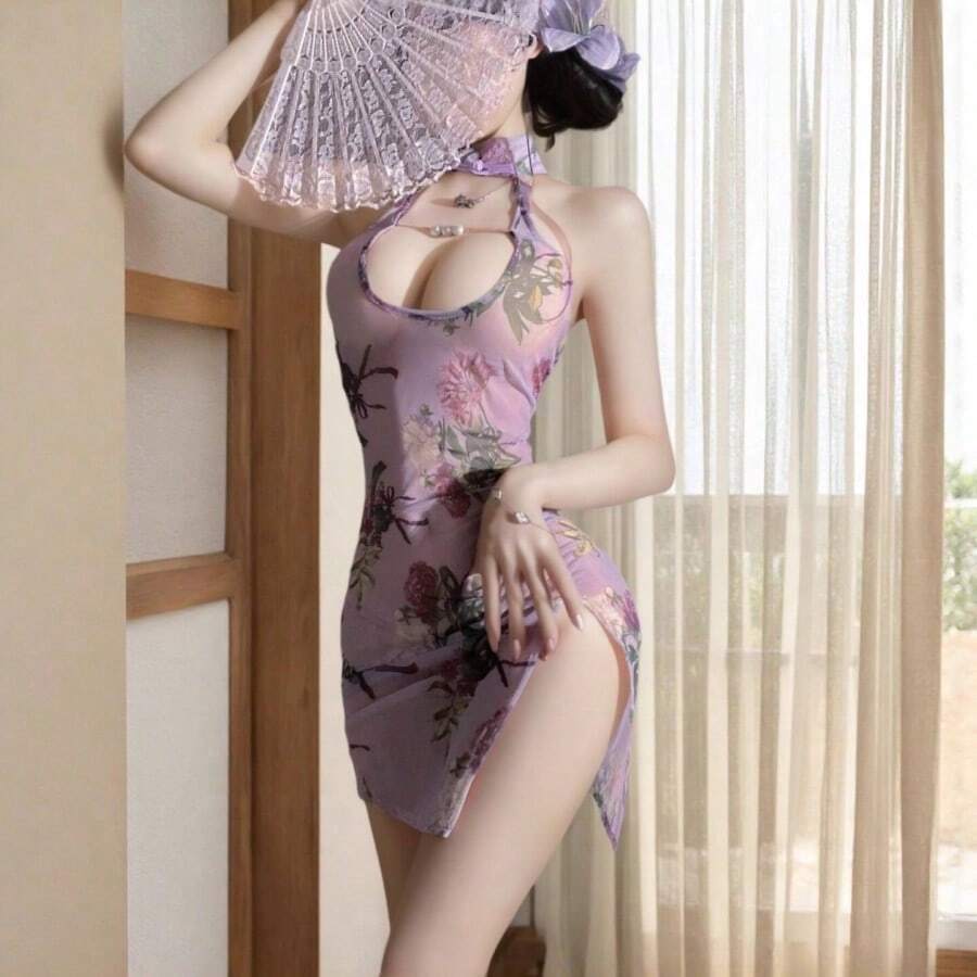 1pc Alluring Floral-Print Halter Dress In Classic Purple, Featuring A Body-Skimming Cheongsam Silhouette With High Thigh Slit & Bust-Enhancing Sweetheart Neckline For A Romantic Summer Date Night, Honeymoon Escape Or Valentine's Evening. - 紫色 - 查看 1