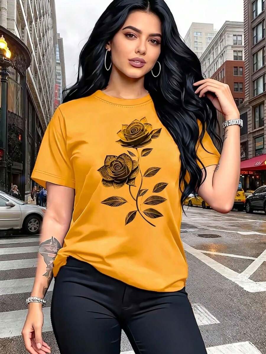 Women's Flower T-Shirt Blouse, 100% Cotton, Floral Fashion - 黃色 - 查看 1