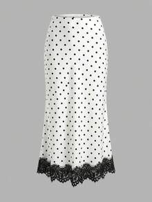 EARO Women's Polka Dot Lace Trim Patchwork Skirt, Fashionable Stretch Satin Elegant Versatile Polka Dot Skirt With Black Lace Details, Flowing And Comfortable, Made Of Low-Stretch Fabric. White Spring - 白色 - 查看 2