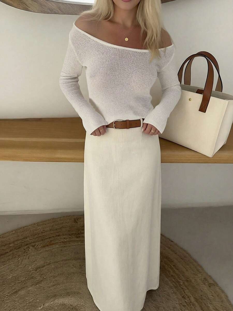 Women's New Style White Large Crew Neck Long Sleeve Hollow Slim-Fit Pullover Sweater, Casual Fashionable Sexy Elegant Minimalist Basic Vacation Party Beach Valentine's Day Going Out Knit Top, Spring And Summer - White - View 1