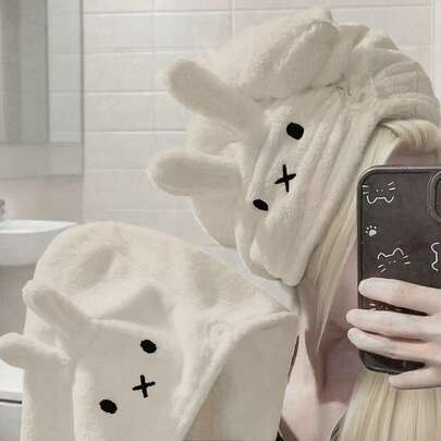 1 件卡通兔子图案珊瑚绒干发帽，超强吸水速干，不掉毛，适合女士和女孩