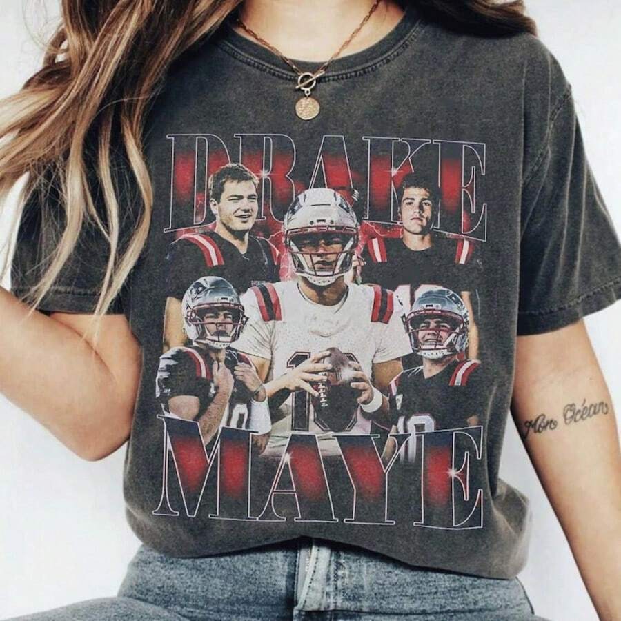 Retro Drake Maye Shirt, Maye 10 New England Football Tshirt, Comfort Co Lors American Rap Tee, Game D - Black - View 1