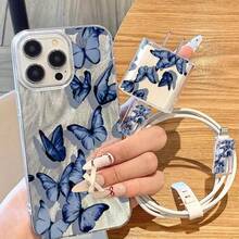 5件套！蓝色蝴蝶雪纺透明IMD手机壳，清新梦幻风格，饰有蓝色蝴蝶图案 - 銀色 - 查看 1