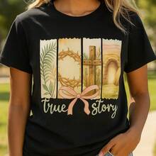 Womens Summer Casual Loose Soft Crew Neck Short Sleeve Black T-ShirtEaster True Story Cross Crown Print Design - 黑色 - 查看 1