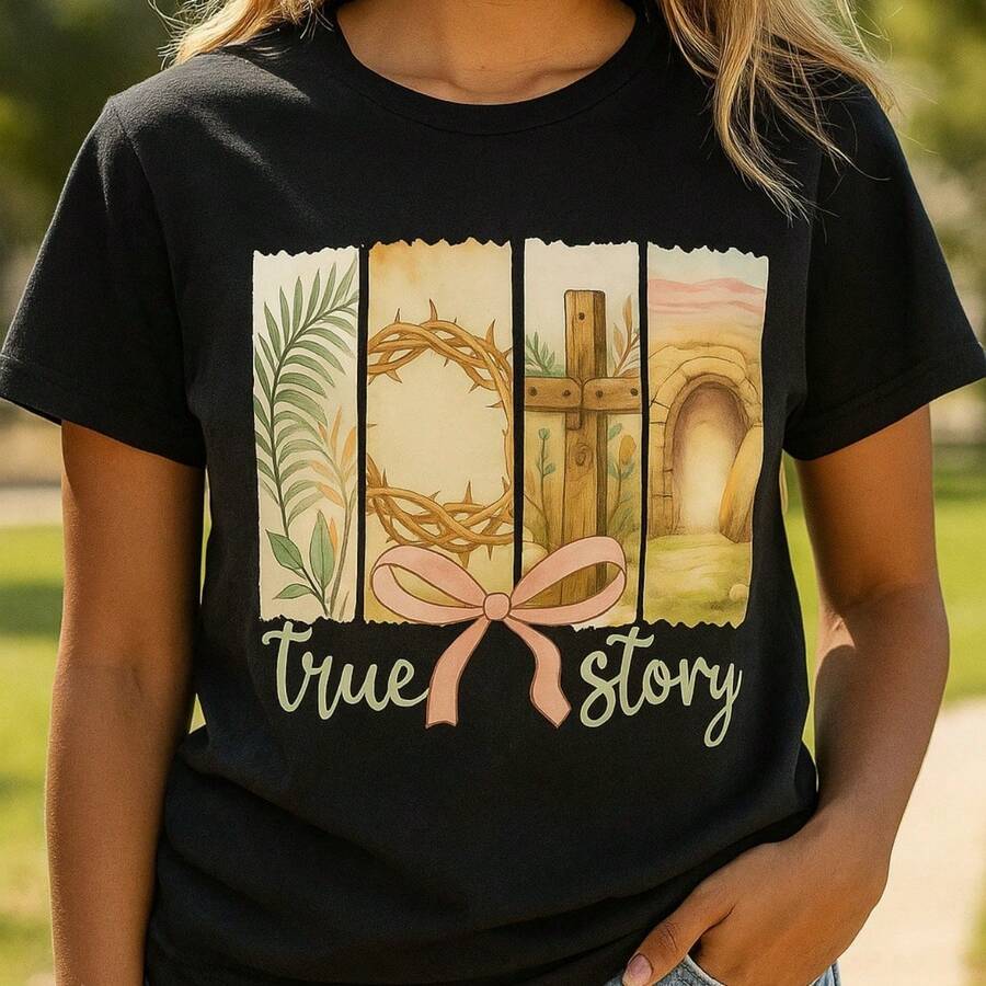 Womens Summer Casual Loose Soft Crew Neck Short Sleeve Black T-ShirtEaster True Story Cross Crown Print Design - 黑色 - 查看 1