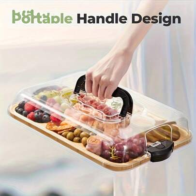 1pc Bamboo Cheese Board With Clear Acrylic Cover - Portable Charcuterie Platter, Suitable For Camping, Parties, Restaurants | Appetizer, Charcuterie And Snack Serving Tray, Party Snack Organizer, Secure Cover, Optional Placemat Combo Sets.