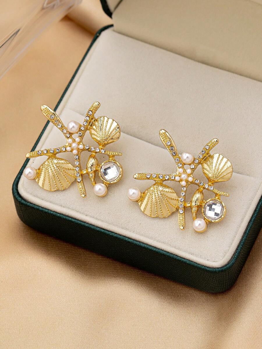 1对简约优雅时尚海洋主题贝壳和海星耳环 - 金黃色 - 查看 1