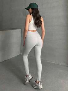 OYGA Casual Versatile Solid High Waist Leggings - Light Grey - View 2