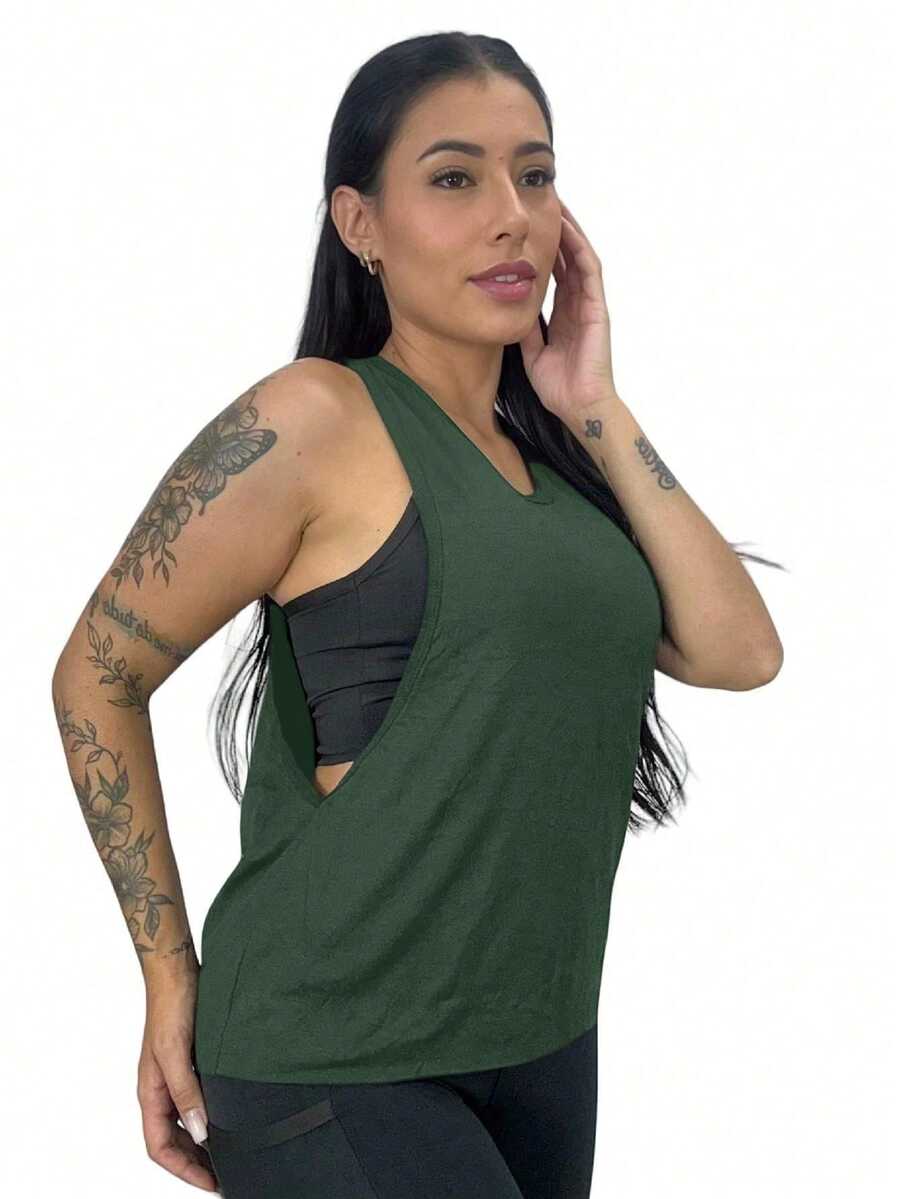 Women's Plain Sleeveless Fitness T-Shirt - Army Green - View 1