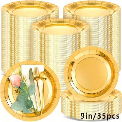 Bộ 100/50/30/20 đĩa giấy dùng một lần màu vàng, dày dặn, chống rò rỉ, dễ dàng vệ sinh trong 3 giây, thích hợp cho tiệc tùng/cắm trại/sử dụng tại nhà, có thể đựng bánh, dùng cho sinh nhật, ngày lễ, lễ tốt nghiệp, Giáng sinh, Lễ Tạ ơn, Ramadan, trang trí Lễ Phục sinh.